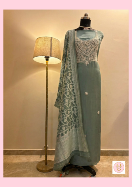 Zariya Embroidered Dress Set – Sage Green