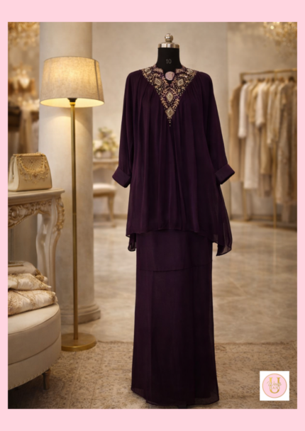 Zaria Embroidered V-Neck Statement Set – Royal Plum