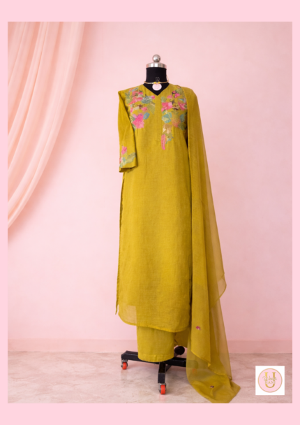 Lime Green Floral Embroidered Kurta Set