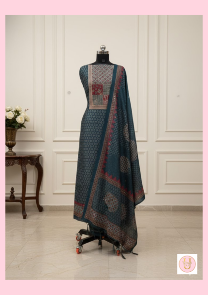 Teal Heritage Handwork With Print Classic Suit Set